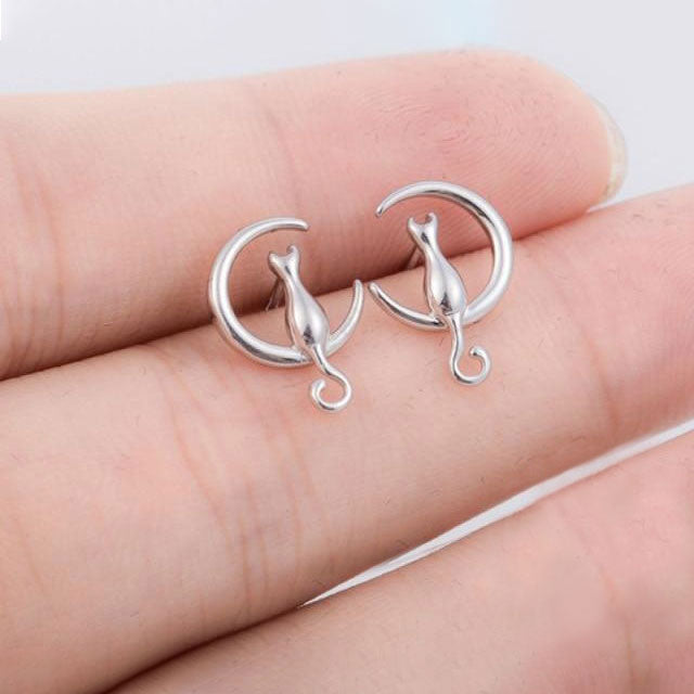 [Romantic] 925 Silver Simple Moon Cats Earrings 純銀浪漫簡約月亮小猫耳環