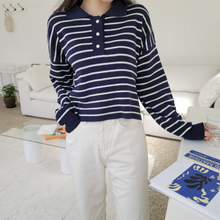 將圖片載入圖庫檢視器 Girly Knitting Horizontal Stripes Top 鄰家女孩針織橫間長袖
