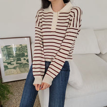 將圖片載入圖庫檢視器 Girly Knitting Horizontal Stripes Top 鄰家女孩針織橫間長袖
